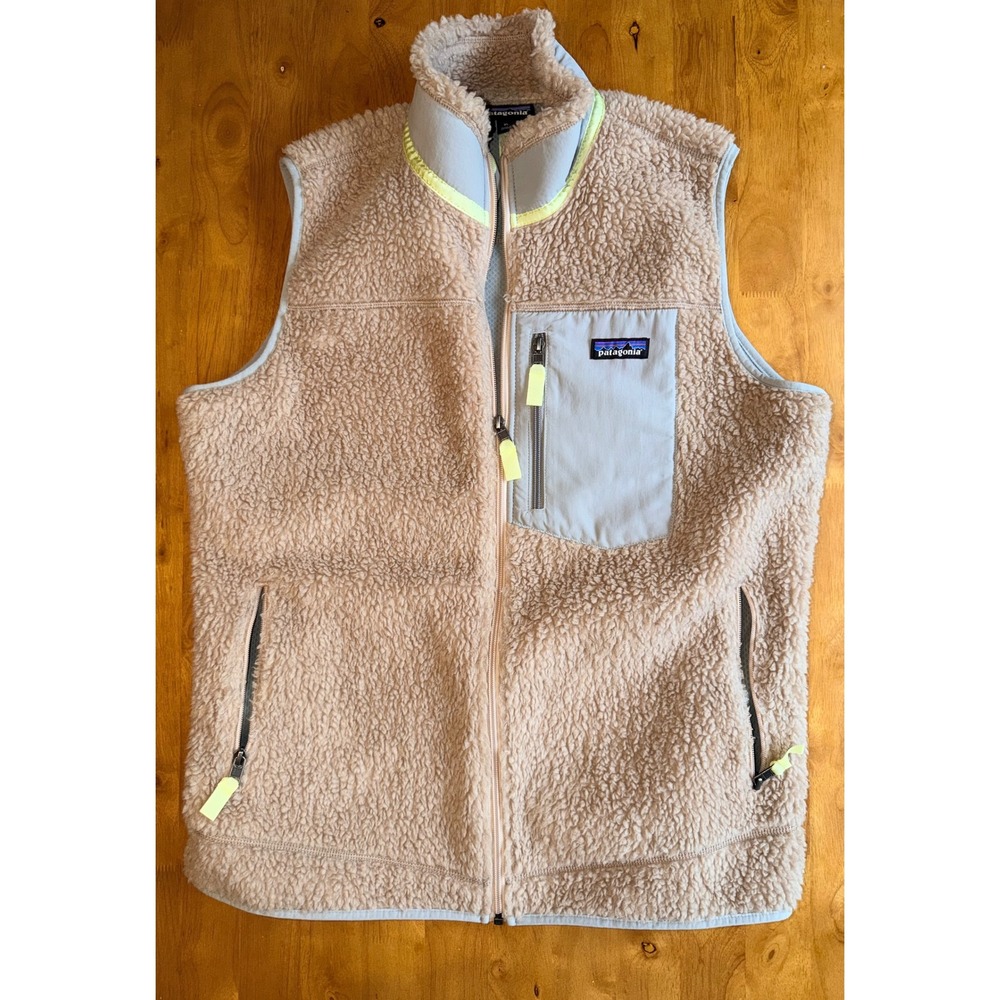 Patagonia Womens Classic Retro-X Fleece Vest XL Tan Grey Neon Yellow 23083